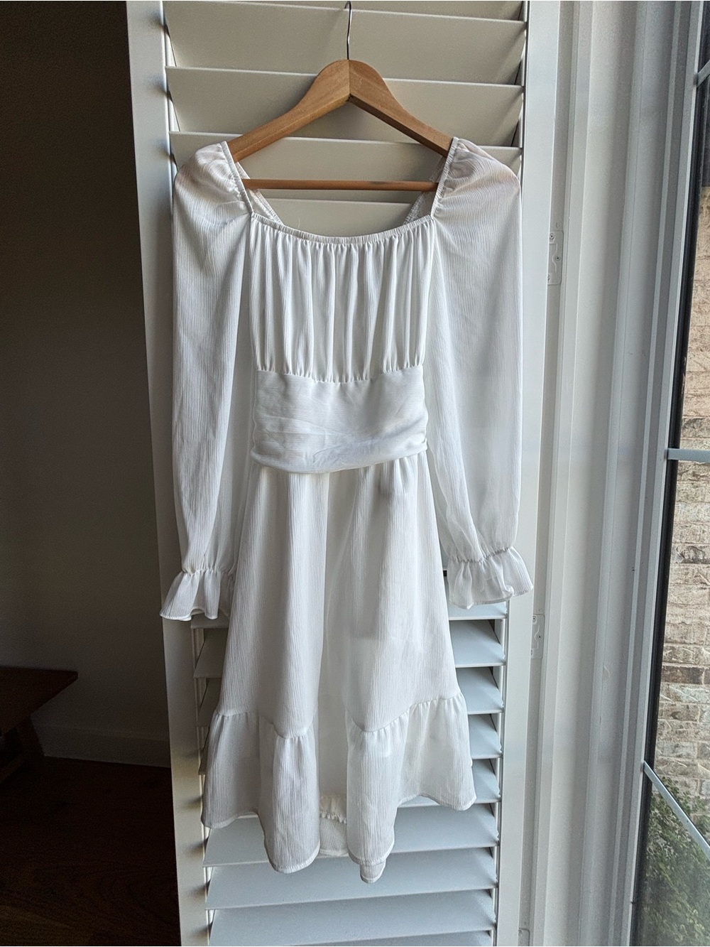 White Long Sleeve Ruffled Midi Dress